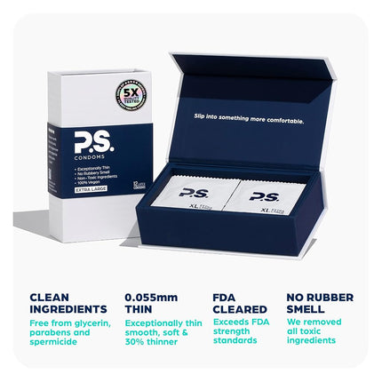 P.S. Condoms Extra Large Latex Condoms for Men - Odorless and 100% Vegan - Exceptionally Thin, Lubricated, and Clear Condoms - XL 12 Pack