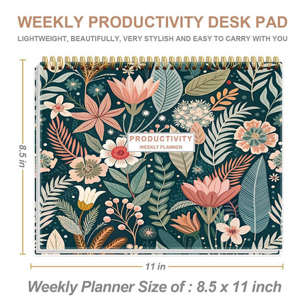 Weekly Productivity Planner - 8.5" x 11" Dashboard Desk Notepad Has 6 Focus Areas to List Tasks for Goals, Projects, Clients, Academic or Meal-Organize Your Daily Work Efficiently, 54 Weeks, Flower-C