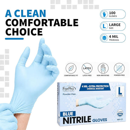 ForPro Disposable Nitrile Gloves, Chemical Resistant, Powder-Free, Latex-Free, Non-Sterile, Food Safe, 4 Mil, Blue, Large, 100-Count