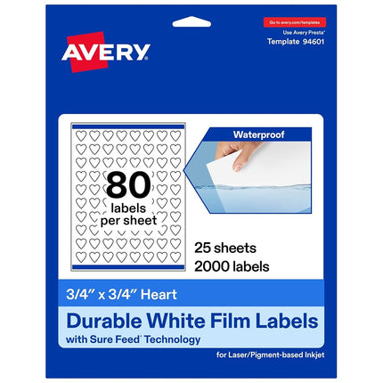 Étiquettes Coeur Imperméables Durables Avery avec Sure Feed, 1,9 x 1,9 cm, 2 000 étiquettes imperméables résistantes à l'huile et à la déchirure, impression bord à bord, imprimables laser/jet d'encre à base de pigments