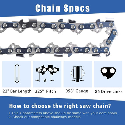 T.TAOMI 22 Inch Chainsaw Chain .325" Pitch .058" Gauge 86 Drive Links Fits for 57CC Blue Max 2160 Chainsaw 5200 5800 6200 Models, Replaces 21LPX086G and more (22"86DL.325".058")