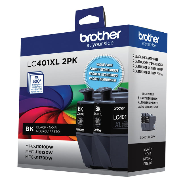 Paquete de Valor (2) de Cartuchos de Tinta Negra de Alto Rendimiento Originales Brother LC401XL2PKS, Cartuchos de Repuesto de Tinta Originales, Tinta para Impresoras de Inyección de Tinta Brother MFC-J1010DW, MFC-J1012DW, MFC-J1170DW