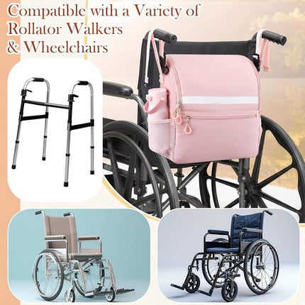 Abbylike Pink Wheelchair Bag, Women Wheelchair Backpack with Cup Holder, Electric Wheel Chair Accessories Waterproof Large Storage Walker Backpack to Hang on Back for Walker Rollator