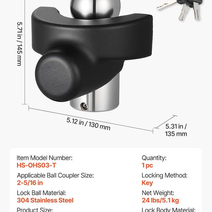 VEVOR Trailer Hitch Lock, Compatible with 2-5/16 in Couplers, Heavy-Duty Anti-Theft Trailer Ball Lock with 3 Keys, Prying-Resistant & Impact-Resistant, Fits for RVs, Boats, Off-Road Vehicles, Trailers