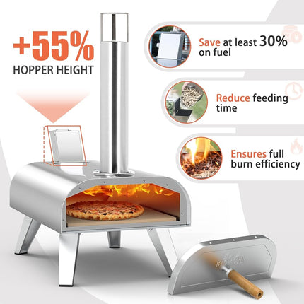 BIG HORN OUTDOORS 12 Inch Wood Pellet Pizza Oven, Portable Stainless Steel Outdoor Pizza Oven with Pizza Stone, Wood Fired Pizza Grill for Garden & Camping