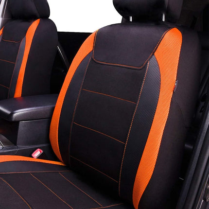 Flying Banner car seat Covers Quality Carbon Fiber Air Mesh Fabric Sport Low High Back Bucket Back Pocket Arm Rest (2 Fronts - Low Bucket, Orange)