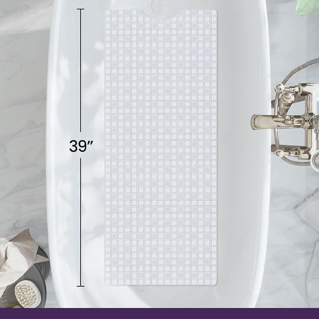 DEXI Bath Tub Shower Mat Non-Slip 16 x 39 Extra Long Bathtub Mats, Suction Cups, Drain Holes, Machine Washable Bathroom Mat, Clear