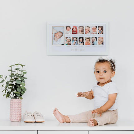 Pearhead My First Year Baby's Twelve Months Photo Moments Collage and Gender Neutral Keepsake - Ideal for Baby Shower, New Mom Gift and Nursery Decor - 13 Inserts, Beige Mat