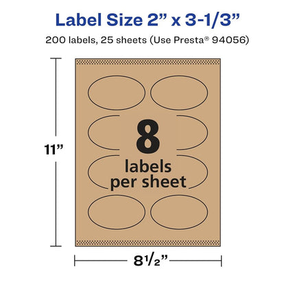 Avery Kraft Brown Oval Labels with Sure Feed, 2" x 3-1/3", 200 Kraft Brown Labels, Print-to-The-Edge, Laser/Inkjet Printable Labels