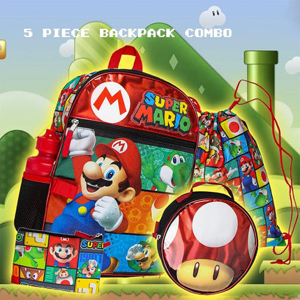Bioworld Super Mario Backpack with Detachable Mushroom Lunch Tote 16 Inch 5 Piece Set