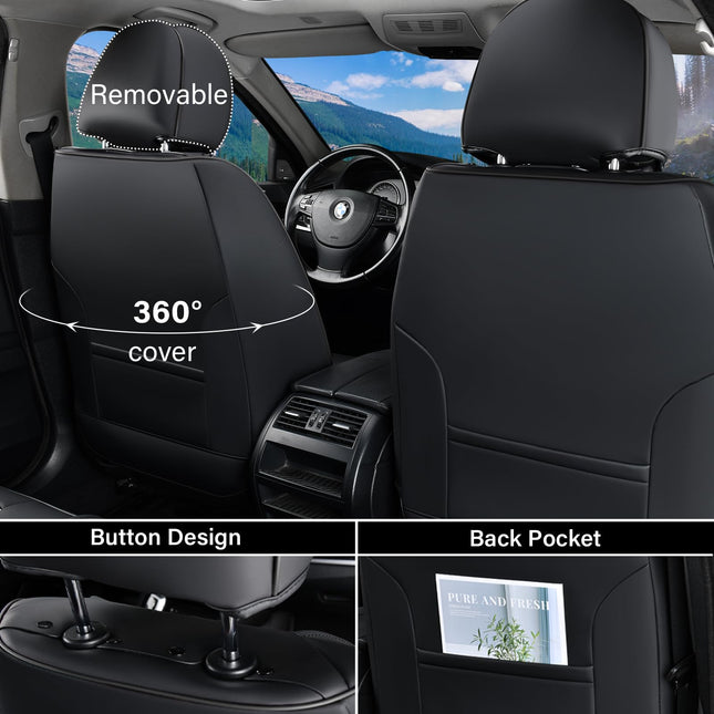Coverado Car Seat Covers Full Set, 2 in 1 Waterproof Seat Covers for Cars, Leather Car Seat Cover Protector Automotive Seat Covers Universal Fit for Most Cars SUVs and Trucks Car Accessories(Black)