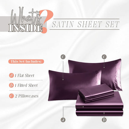 Elegant Comfort Luxurious 4-Piece Silky Satin Sheet Set, Skin and Hair Friendly, Wrinkle, Fade, Stain Resistant with Deep Pockets Fitted Sheet, Cooling Soft Satin Sheet Set, Twin, Purple