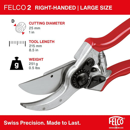FELCO 2 Pruning Secateurs – 25 mm Cutting Diameter, for Large Hands, 215 mm Length, with Sap Groove, Straight Handles, Red