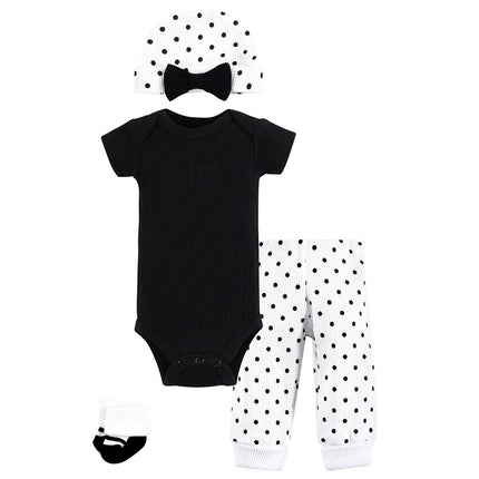 Hudson Baby Unisex Thermal Preemie Layette Set 4pc Short Sleeve Outfit, Black White Dots Short Sleeve, Preemie