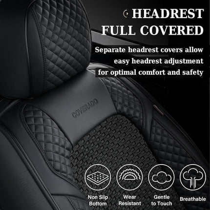 Coverado Seat Covers Full Set, 5 Seats Universal Seat Covers for Cars, Waterproof Breathable Faux Leather and Woven-Fabric Seat Cushions for Front and Rear, Auto Interiors for Most Vehicles-Black