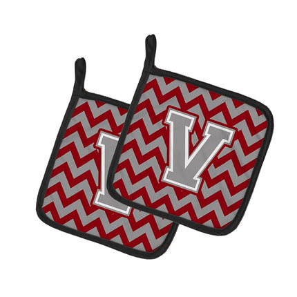 Caroline's Treasures Letter V Chevron Crimson and Grey Pair of Pot Holders CJ1043-VPTHD, Fabric, Multicolor