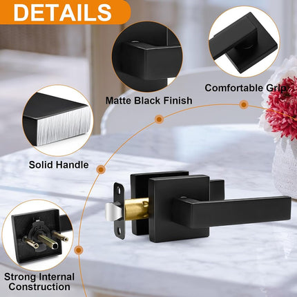 5 Pack Passage Door Handles Matte Black Door Knobs, Interior Door Knobs Square Heavy Duty Non-Locking Handlesets Hall Closet Handles, Reversible for Right & Left Sided Doors