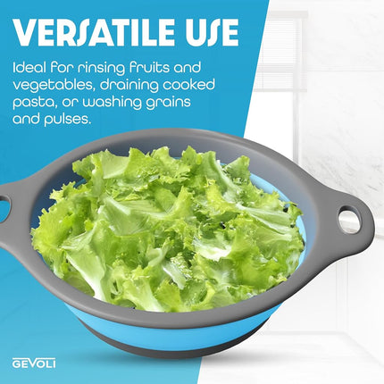 Gevoli Collapsible Colander Food Strainer with Over-Sink Self Draining Base for Pasta Fruits and Vegetables, Round Foldable Draining Basket Grey/Blue