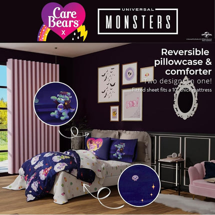 Franco Comforter and Sheet Set, Microfiber, Care Bears X Universal Monsters, 7 Piece Full Size