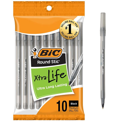 BIC Round Stic Xtra Life Ballpoint Pen, Medium Point (1.0mm), Black, 10-Count