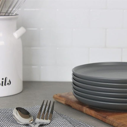 Double Line 10.5" Dinner Plate, Set of 6, Matte Gray