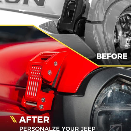 Xprite Aluminum Red Hood Latches with U.S. Flag, Adjustable Hood Latch Catches Kit Compatible with Jeep Wrangler JK JKU 2007-2018 & Jeep Wrangler JL JLU 2018-2021 Gladiator JT