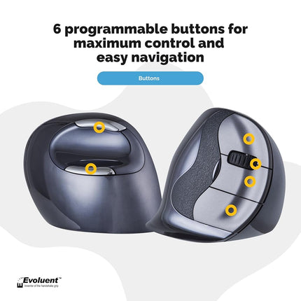 Evoluent VerticalMouse D Featuring Comfortable Handshake Position, Grooved Extended Lip Buttons, Thumb Buttons, Adjustable Pointer Speed With Indicators - Right Handed USB Wireless - Large