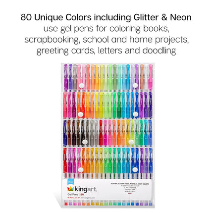 KINGART 400-80 Glitter Rollerball Gel PENS, 80 Sparkling Colors with Soft-Grip Comfort, XL Ink Cartridge - for Coloring, Doodling, Scrapbooking, Journaling and General Use, All Ages, 80 Pens