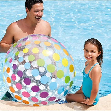 Intex Jumbo Inflatable Glossy Colorful Transparent PVC Giant Beach Ball w/Repair Patch in Polka-Dot or Rainbow Stripes for Ages 3 & Up, Color Varies