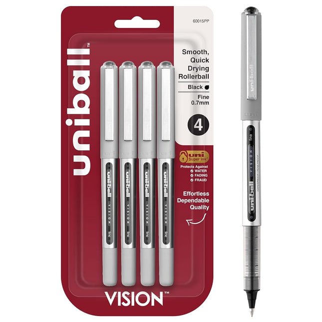 Uniball Vision Rollerball Pens - Black, Pack of 4 - Fine Point, 0.7mm Medium Ink - Smooth Writing Japanese Pens for School Supplies