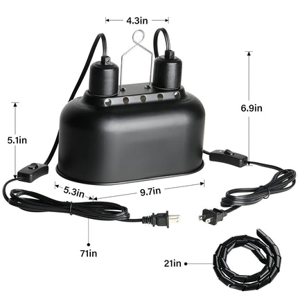 Simple Deluxe Reptile Lamp Fixture Aluminum Dome Light Dual Deep Cap Integration Design Heat-Lighting Lamp Double Sockets Bulbs Holder with Independent Switches, for Amphibians Terrarium, Turtle Tank