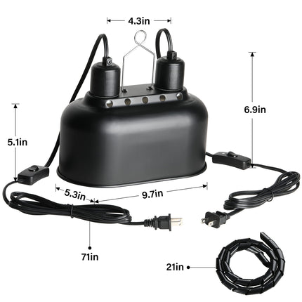 Simple Deluxe Reptile Lamp Fixture Aluminum Dome Light Dual Deep Cap Integration Design Heat-Lighting Lamp Double Sockets Bulbs Holder with Independent Switches, for Amphibians Terrarium, Turtle Tank
