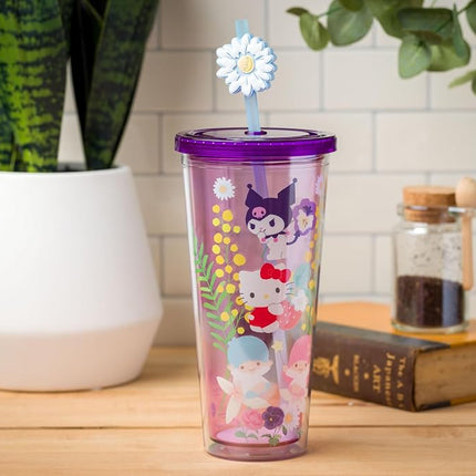 Silver Buffalo Sanrio Hk and Friends Floral Collage Plastic Cold Cup with Lid and Topper Straw, 24 Ounces