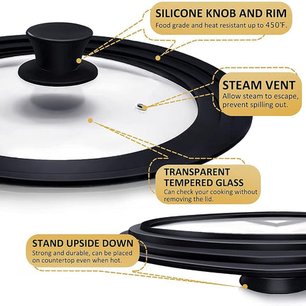 Ydeapi Universal Lids for Pots, Pans & Skillets - Fits 6.5", 7" & 8" Diameter, 9.5", 10" & 11" Diameter Cookware，Tempered Glass with High Heat Resistant Silicone Rim-2PK Cookware（2PK）