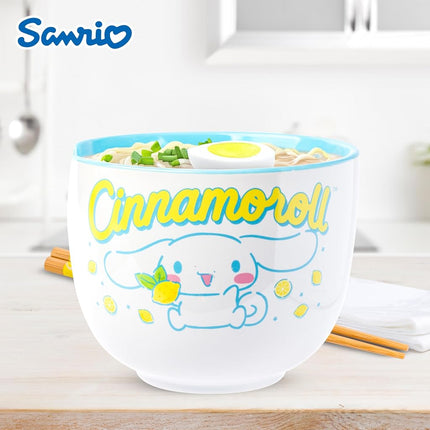 Silver Buffalo Sanrio Cinnamorll Holding Lemon Boxed Ceramic Ramen Bowl with Chopsticks and Spoon 20 Ounces