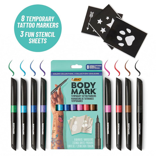 BIC BodyMark Temporary Tattoo Markers for Skin, Color Collection, Flexible Brush Tip, 8-Count Pack of Assorted Colors, Skin-Safe*, Cosmetic Quality (MTBP81-AST), 1 Count (Pack of 8)