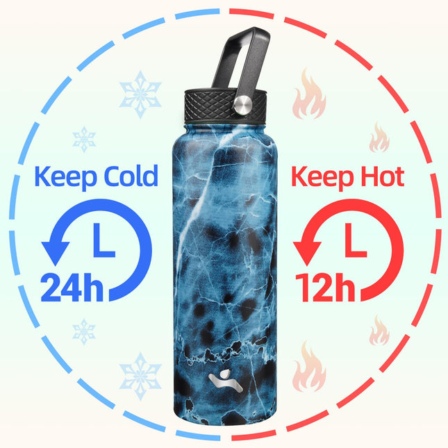 Konokyo 40oz Insulated Water Bottle Sport Stainless Steel Water Bottles with 3 Lids,Marble Ocean
