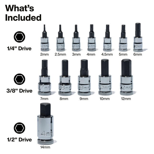 Klein Tools 65213HEXM Knurled Hex Bit Socket Set, 1/4, 3/8 and 1/2-Inch Drives, Premium Cr-V Steel, Metric Sizes 2 mm to 14 mm, MODbox Case, 13-Piece