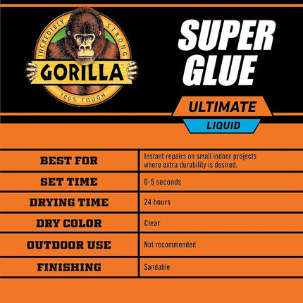 Gorilla Ultimate Super Glue, Clear Glue, 15 Grams (Pack of 1) - Fast-Setting Cyanoacrylate for Quick Fixes & Repairs with Anti-Clog Cap