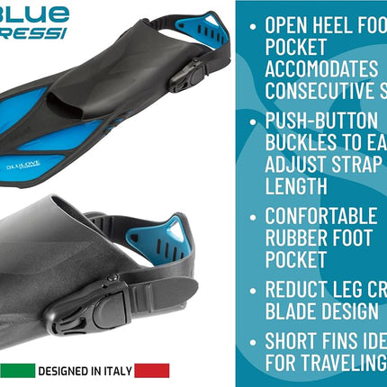 CRESSI Fins Bonete Translucent Azure S/M - Adult Short Adjustable Swim Fins with Ultra Resistant Buckles, Very Light, deal for Traveling, Translucent Azure, S/M
