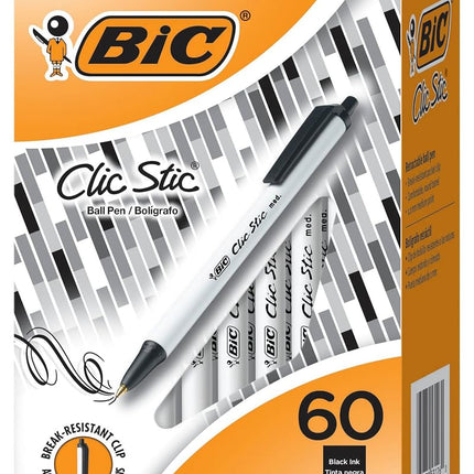 BIC Clic Stick 1.0mm Retractable Ball Pen - Medium Pen Point - 1 mm Pen Point Size - Black - 60 / Box