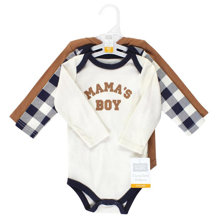Hudson Baby Unisex Baby Cotton Long-Sleeve Bodysuits, Brown Navy Mamas Boy 3-Pack, 6-9 Months, Brown Navy Mamas Boy 3-pack, 6-9 Months