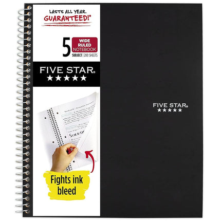 Cuaderno de espiral Five Star, 5 materias, papel con renglones anchos, evita que la tinta traspase, cubierta resistente al agua, 20.32 cm x 26.67 cm, 200 hojas, el color puede variar (05206)