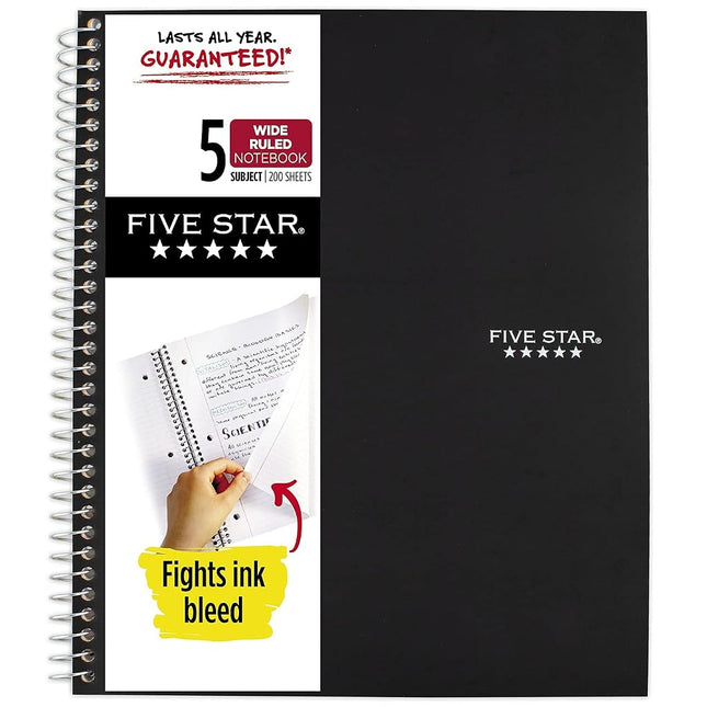 Five Star Spiral Notebook, 5 Subject, Wide Ruled Paper, Fights Ink Bleed, Water Resistant Cover, 8" x 10-1/2", 200 Sheets, Color Will Vary (05206)