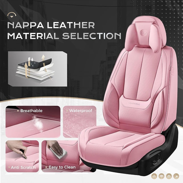 Coverado Seat Covers Full Set, 5 Seats Seat Covers for Cars, Waterproof Nappa Leather Car Seat Covers with Head Pillow, Seat Protectors Car Seat Cushion Universal Fit for Most Cars (Pink)