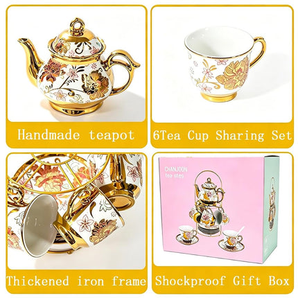 Tea Sets Gold Plated Red Rose Ceramic Tea Set, Vintage Teapot Tea Sets Beautiful Tea Set Coffee Serving 6 People (Pink, Medium)