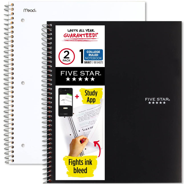 Five Star Spiral Notebooks + Study App, 2 Pack, 1 