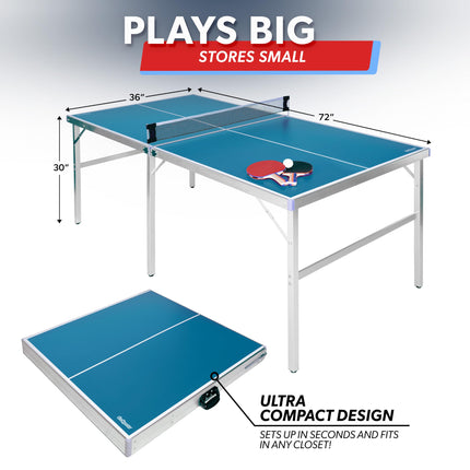 GoSports Juego de tenis de mesa mediano de 1.83 m x 0.91 m - Juego de tenis de mesa portátil para interior/exterior con red, 2 paletas de tenis de mesa y 4 pelotas - Azul