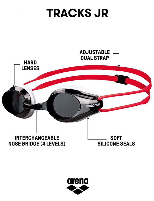 ARENA Tracks Jr Youth Swim Goggles, Smoke/White/Red, Junior