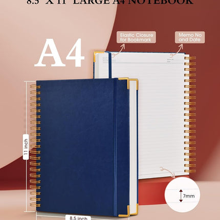 Spiral Notebook Journal 8.5” x 11”, 300 Pages Hardcover Leather Lined Journals for Women Men, A4 Large College Ruled Notebooks with 100 GSM Thick Paper, Spiral Journal for Writing Work School, Navy
